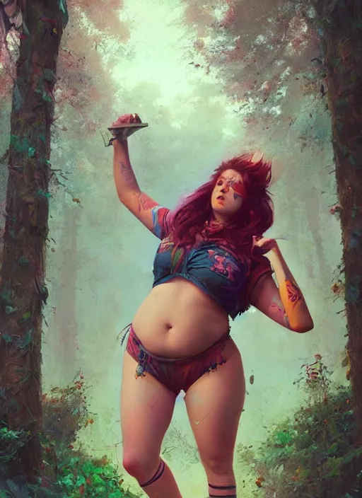 Image similar to hyper realistic photography of festival warrior curvy girl saturated colors, cinematic, greg rutkowski, rowena morrill, juan gimenez