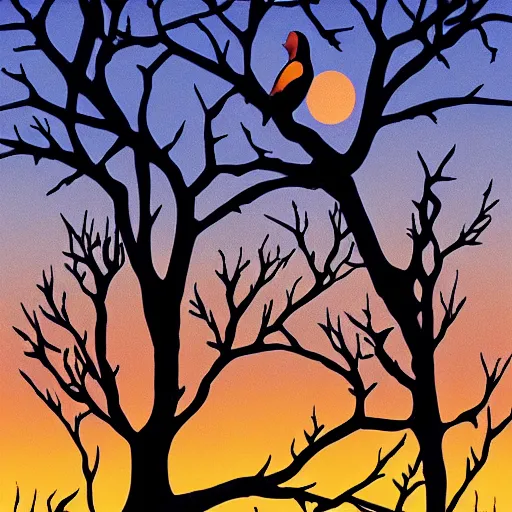 Image similar to birds on cherry tree, Changelingcore, serene, graceful, sunset photo at golden hour, Kodachrome, digital painting by M. C. Escher
