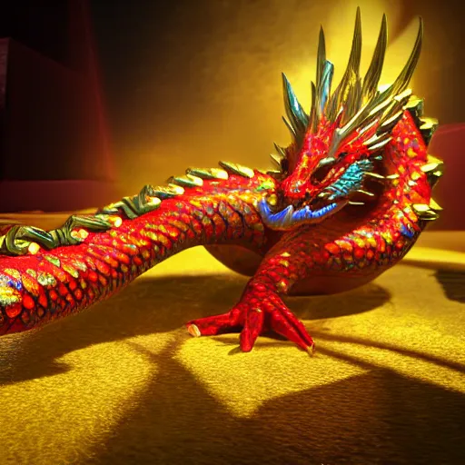 Prompt: a colorful refractive dragon scale egg sitting on a nest of gold rings, photorealistic, symmetrical, unreal engine