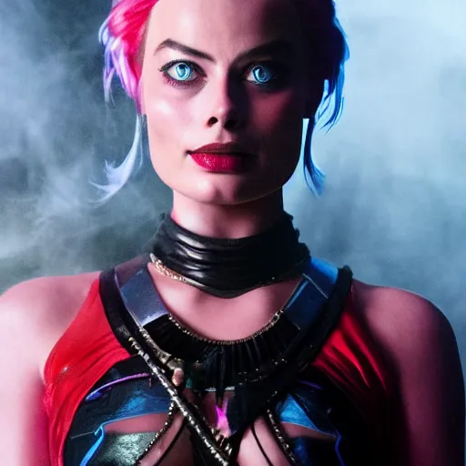 Image similar to Margot Robbie as real-life Jinx from Arcane, league of legends, cinematic, Wide-shot, atmospheric fog and lighting, directed by Michael Bay, extreme detail, 8K, movie still