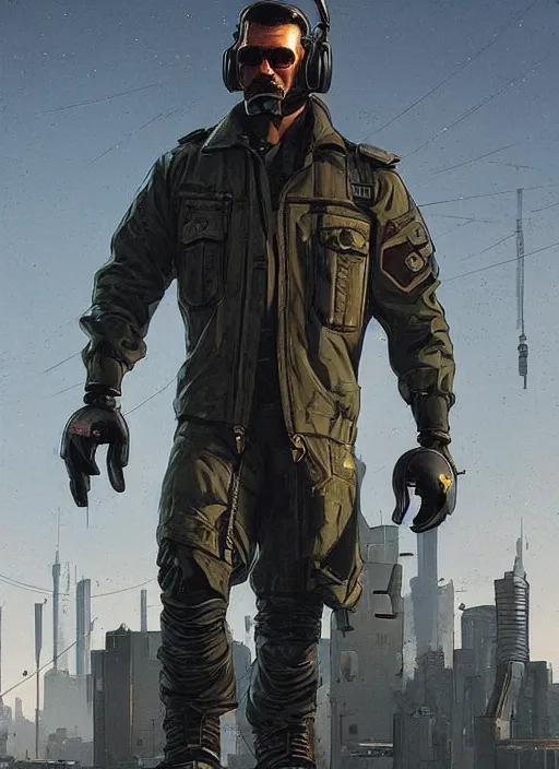 Image similar to Menacing Ivan. buff cyberpunk russian mercenary wearing a cyberpunk headset, military vest, and pilot jumpsuit. square face. Realistic Proportions. Concept art by James Gurney and Laurie Greasley. Moody Industrial skyline. ArtstationHQ. Creative character design for cyberpunk 2077.