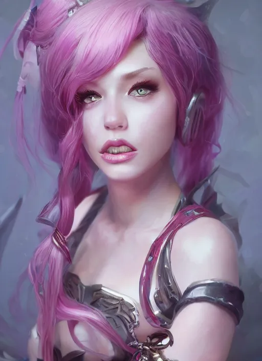 Image similar to seraphine, from league of legends, pink hair, studio microphone, new musical instruments, au naturel, hyper detailed, digital art, trending in artstation, cinematic lighting, studio quality, smooth render, unreal engine 5 rendered, octane rendered, art style by klimt and nixeu and ian sprigger and wlop and krenz cushart