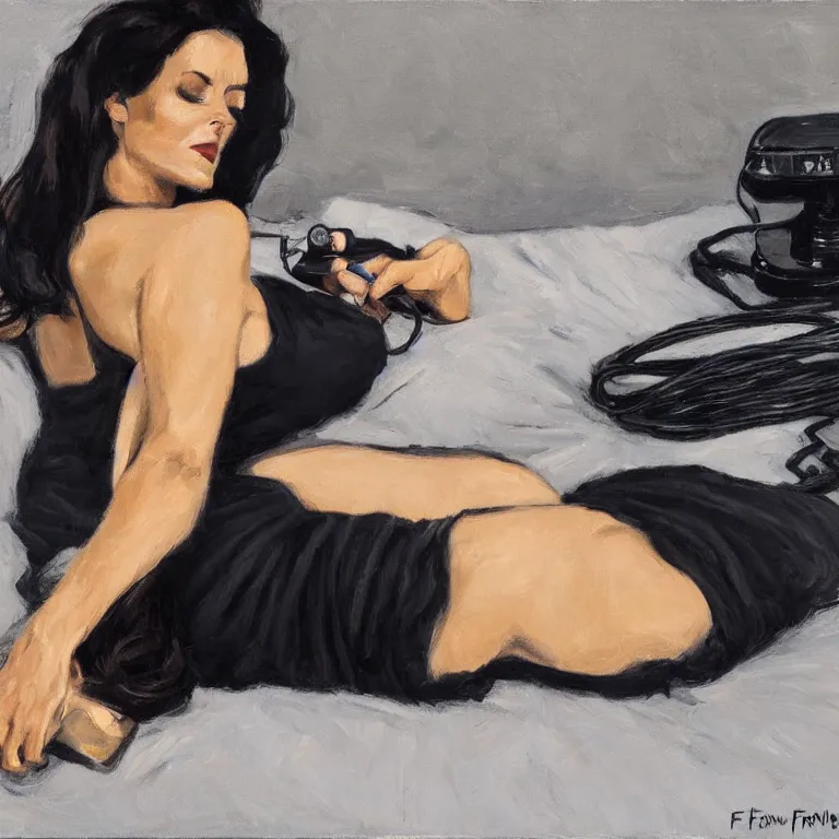 Prompt: Ground Level Shot, long shot of a beautiful dark haired woman wearing a black dress, laying on her back on a bed, holding old telephone hand peice with twisted cable by fabian perez