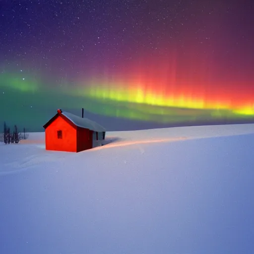 Image similar to a cabin on a hill, snowstorm, winter, smoke rising from the pipe, aurora borealis, alaska, by alex andreev, landscape, high contrast, digital, complementary colors