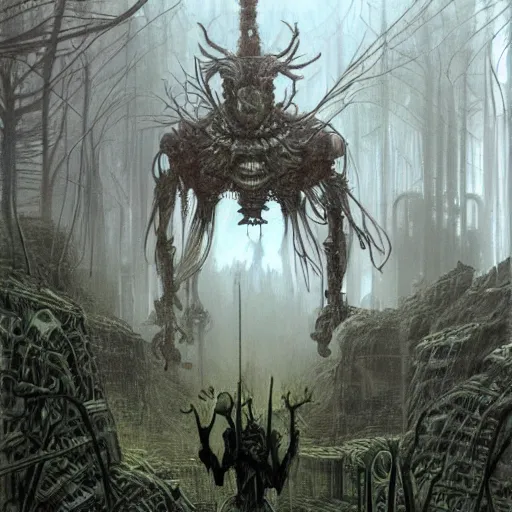 Image similar to a hyperrealistic painting of a cybernetic warrior in the middle of an alien jungle, by john kenn mortensen and zdzislaw beksinski, highly detailed, vivid color,