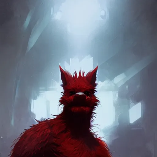 Image similar to realistic portrait of a grox from spore, red furry creature with one robotic eye, pointy ears, dramatic lighting, illustration by greg rutkowski, yoji shinkawa, 4 k, digital art, concept art, trending on artstation