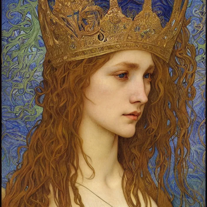 Image similar to detailed realistic beautiful young medieval queen face portrait by jean delville, alphonse mucha, vincent van gogh, and marco mazzoni, art nouveau, symbolist, visionary, gothic, pre - raphaelite