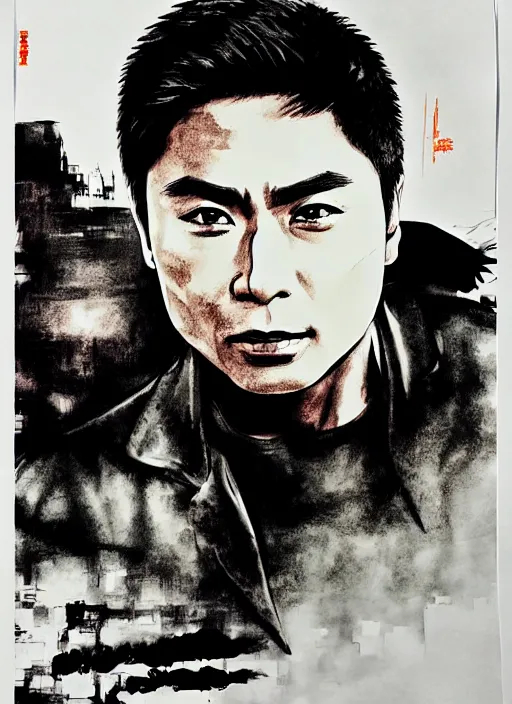 Image similar to coco martin from ang probinsyano in a poster shot, in the style of yoji shinkawa, ink on paper, gritty, dark hues