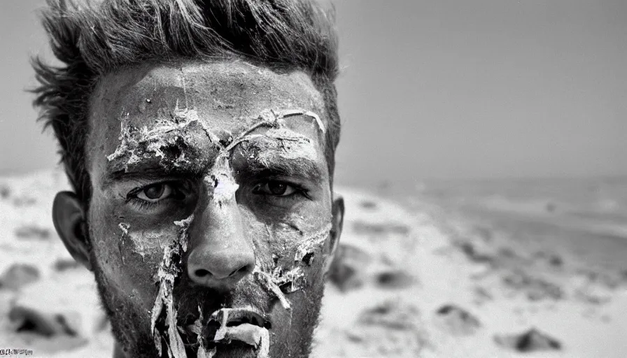 Prompt: 1 9 6 0 s movie still close up of marcus atilius regulus'face with the eyes wide open and ripped off eyelid, his body buried in the sand, cinestill 8 0 0 t 3 5 mm b & w, high quality, heavy grain, high detail, texture, dramatic light, anamorphic, hyperrealistic, detailed hair