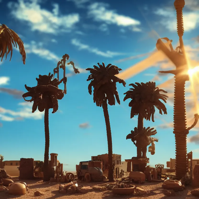 Prompt: photorealistic desert town. sunset. steampunk skeleton. palm trees. clay. clay pots. blue water. pastel clouds. lens flare. 8K. detailed. photorealism. artstation. 25mm f/1.7 ASPH Lens. ultra realistic