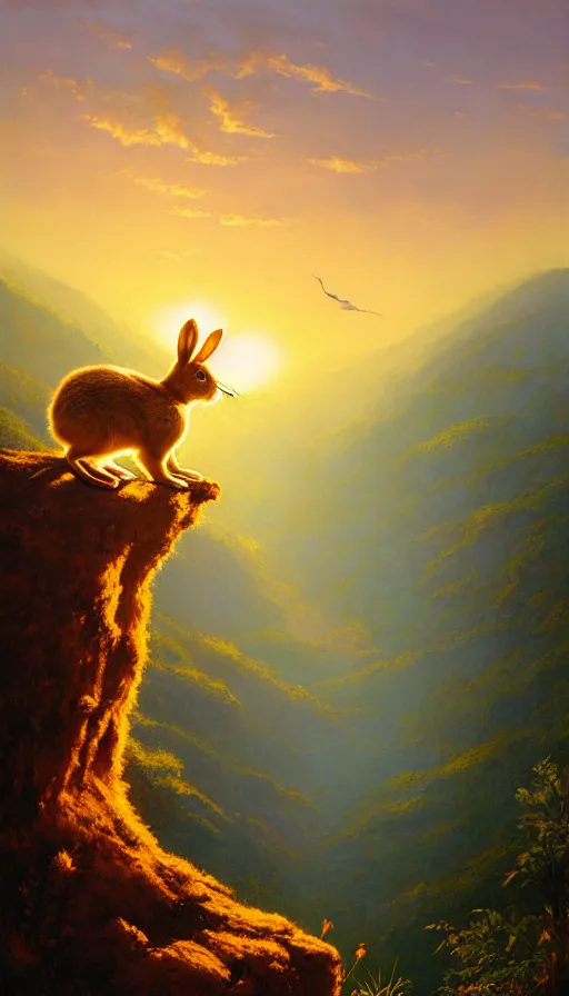 Image similar to hyper realistic rabbit looking off of a cliff, sun setting behind rabbit silhouette, lush forest in valley below, painted by craig mullins, j. c. leyendecker 8 k