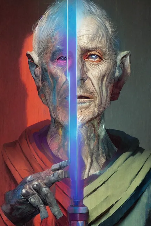 Image similar to symmetry!! a full body sci-fi portrait, oil painting, illustration of an old Jedi, colourful, by Justin Sweet and Greg Rutkowski and Alphones Much