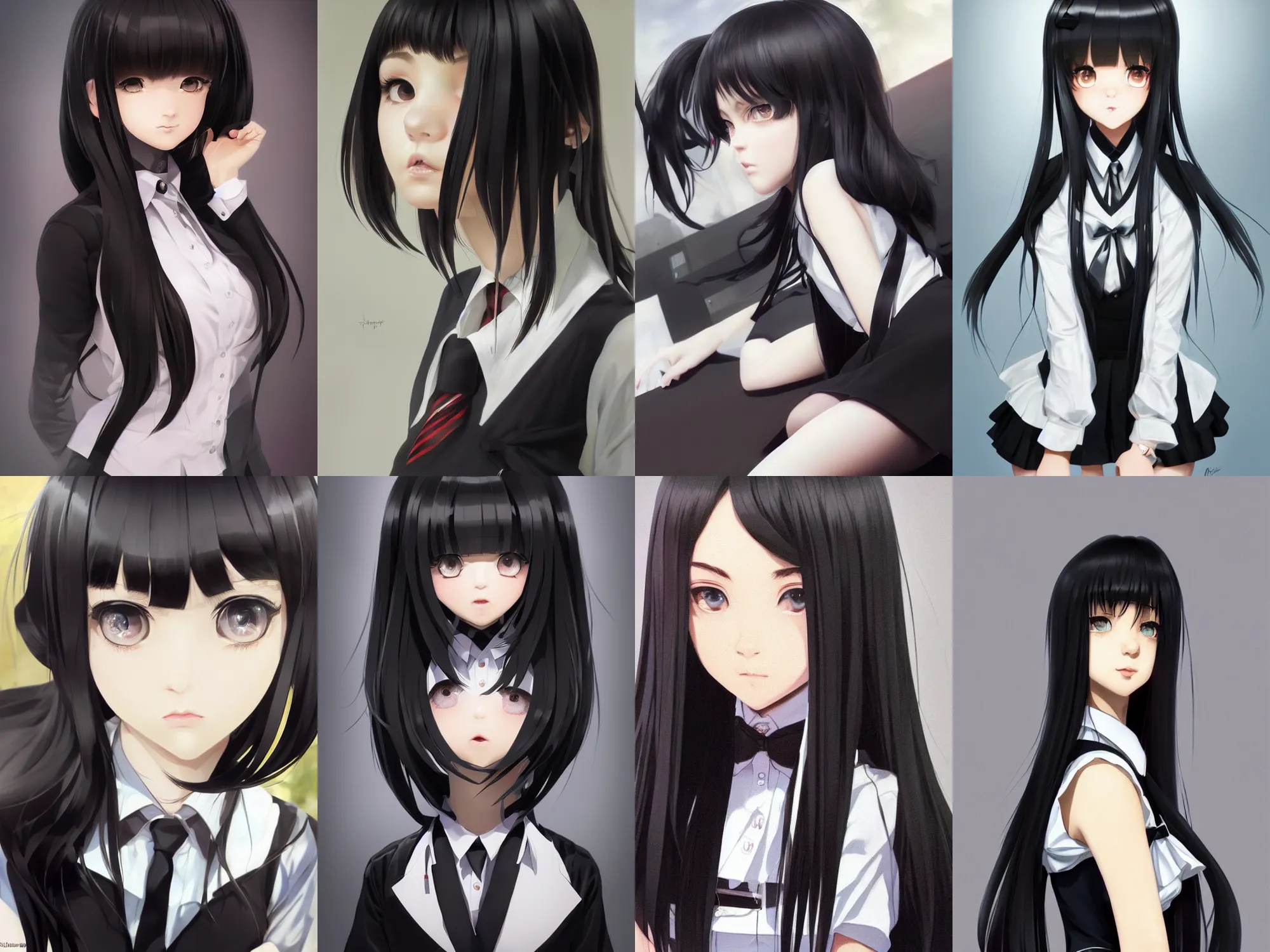 Prompt: A hyperrealistic schoolgirl, in black uniform, black silky hair, very detailed black stunning deep eyes. Darkness. By ilya kuvshinov, krenz cushart, Greg Rutkowski, trending on artstation. Glossy materials, sharp highlights, amazing textured brush strokes, soft curvy shape, clear curvy details, cinematic soft volumetric studio lighting, with backlight, VFX, HDR