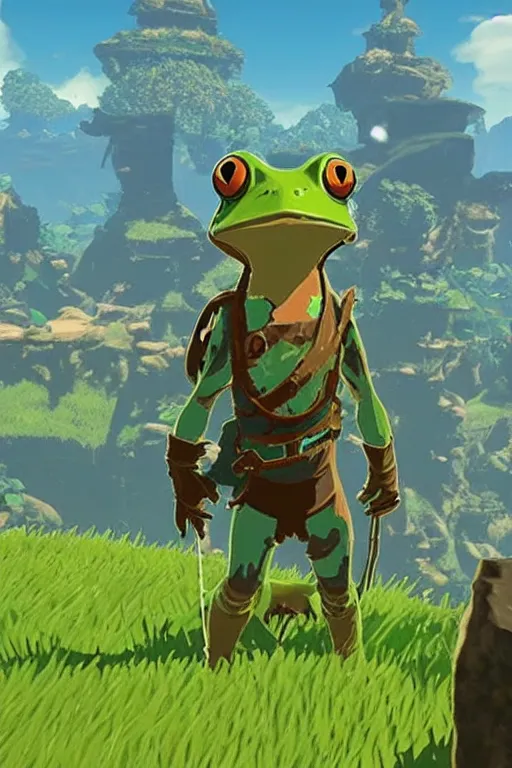 Prompt: in game footage of a frog from the legend of zelda breath of the wild, breath of the wild art style.