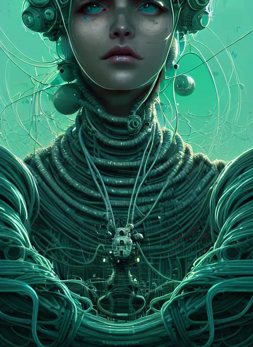 Prompt: highly detailed portrait of a biopunk long curly white hair tribal lady, stray wiring by atey ghailan, james gilleard, by joe fenton, by greg rutkowski, by greg tocchini, by kaethe butcher, 4 k resolution, gradient green, black and white color scheme!!! ( ( green caustic robotic dystopian city background ) )