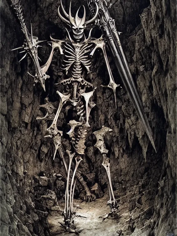 Image similar to A spiked horned skeleton with armored joints stands in a large cave with a huge weapon. Extremely high detail, realistic, fantasy art, solo, masterpiece, bones, ripped flesh, art by Zdzisław Beksiński, Arthur Rackham, Dariusz Zawadzki
