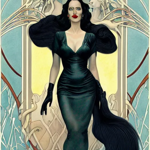 Image similar to a streamline moderne, art nouveau, multi - racial portrait of eva green in the style of charlie bowater, and in the style of donato giancola, and in the style of charles dulac. symmetry, ultrasharp focus, intricate symmetrical ultrafine streamline moderne background detail.