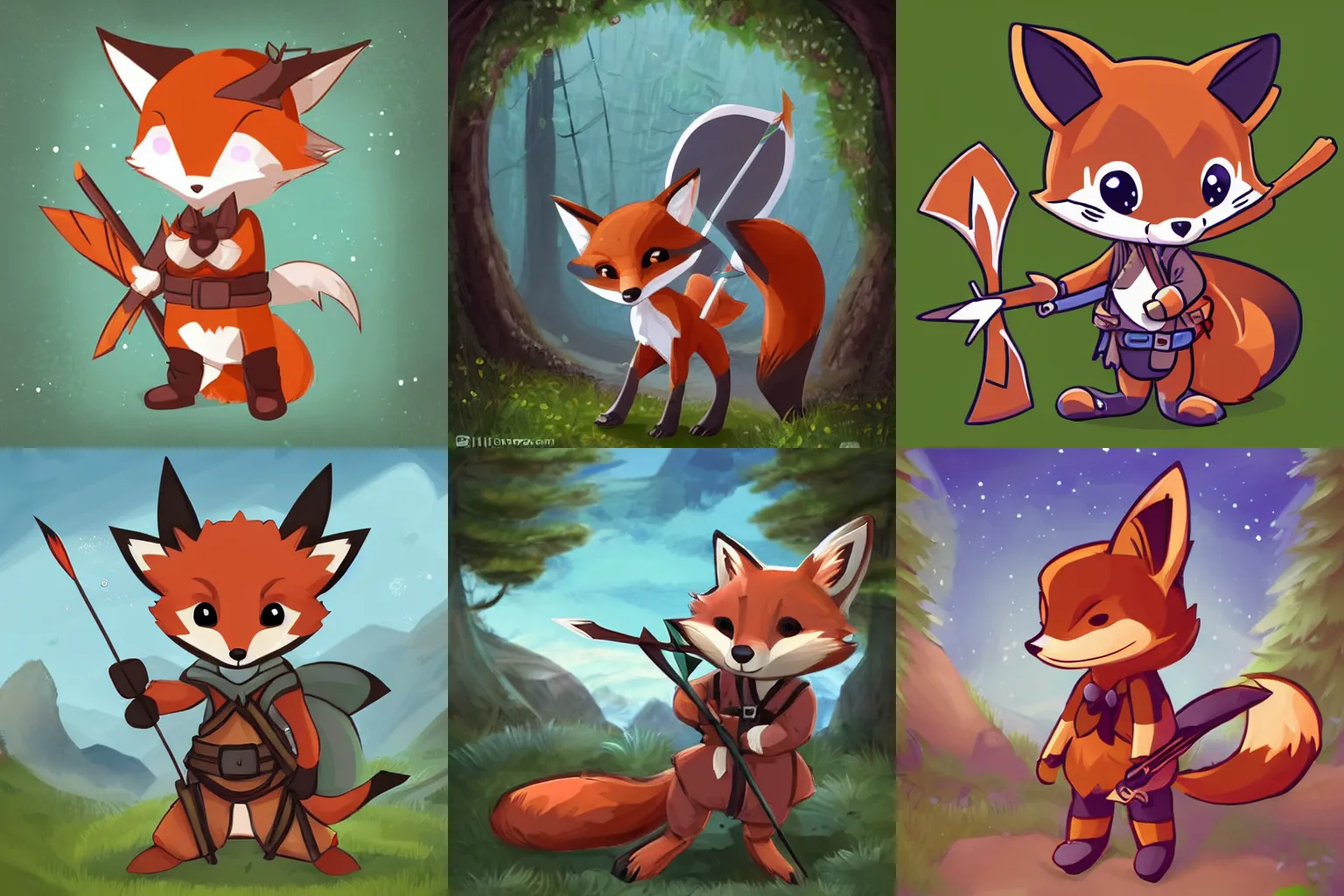 Prompt: A cute fox with a bow and arrow wearing a big backpack, a Robinhood hat, and adventuring gear, standing on a mountain top, cartoon card game character style, dungeons and dragons, art station, fantasy, pokemon, cute, short, stubby, chibbi, realistic, high quality, professional, clean, digital art