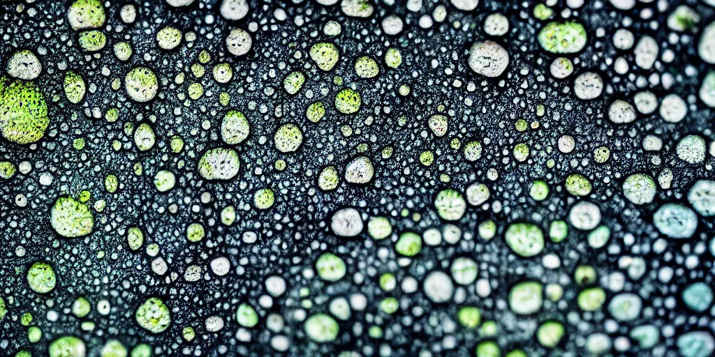 Image similar to closeup of rain on bright lichens on dark rock seen through a condensed lens, drop of waters , macro photography, DSLR, sony a7III, nature photography, 4K, 8K, cinematic lighting, collage, oil painting, high octane