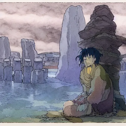 Image similar to a hyperrealist studio ghibli watercolor fantasy concept art. in the foreground is a giant monk in a grey robe lifting a stone. in the background is stonehenge. the scene is underwater on the sea floor. by rebecca guay, michael kaluta, charles vess