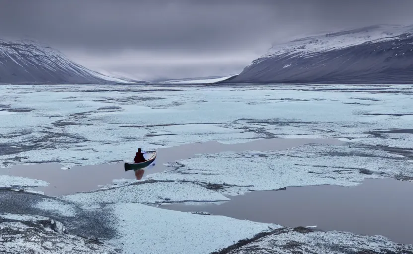 Image similar to canoeing through a lake in iceland, moody, cinematic, fpv, muted colors, glaciers, ice, water