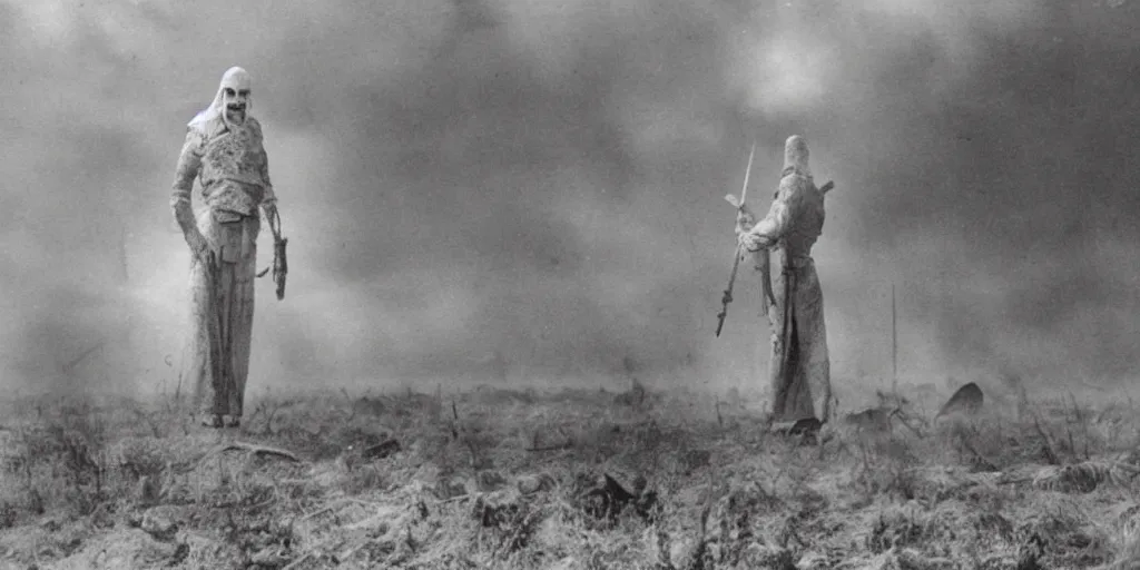 Image similar to scary unproportionable tall ghost creature in the middle of a battlefield, 1900s picture