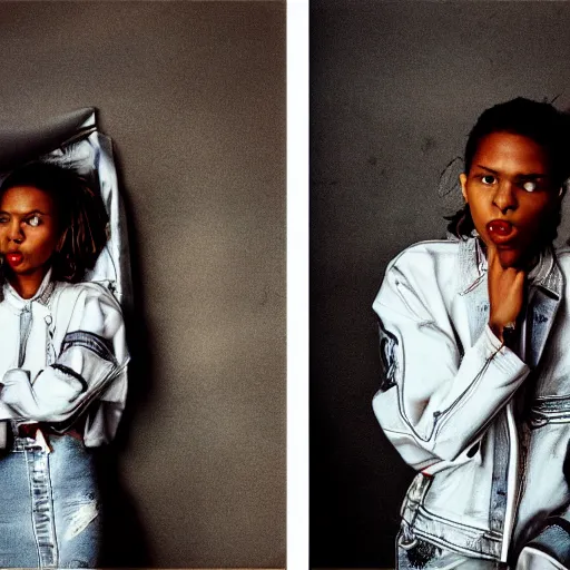 Image similar to realistic! photoshoot for a new vetements lookbook, color film photography, portrait of a beautiful woman, tinfoil background, in style of tyler mitchell, 35mm