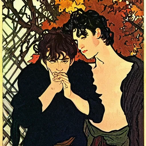 Image similar to painting of young cute handsome beautiful dark medium wavy hair man in his 2 0 s named shadow taehyung and cute handsome beautiful min - jun together at the halloween witchcraft ritual, bubbling cauldron, spells, autumn colors, elegant, modern clothing, soft facial features, delicate facial features, art by alphonse mucha, vincent van gogh, egon schiele