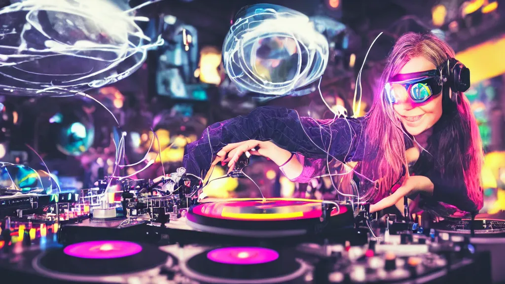 Prompt: a woman wearing goggles and visor and headphones using a record player turntable contraption, wires and tubes everywhere, turntablism dj scratching, intricate planetary gears, cinematic, imax, sharp focus, led light strips, bokeh, iridescent, black light, fog machine, hazy, computer screens, lasers, light trails, hyper color photograph