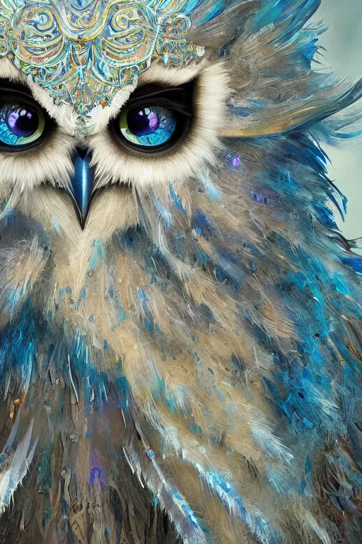 Prompt: a beautiful closeup shot from a fantasy film of a humanoid iridescent blue owlbear wearing a loose tunic. an anthropomorphic owlbear. fantasy, frown, intricate, elegant, highly detailed, digital painting, artstation, concept art, matte, sharp focus, illustration, art by artgerm and greg rutkowski and alphonse mucha