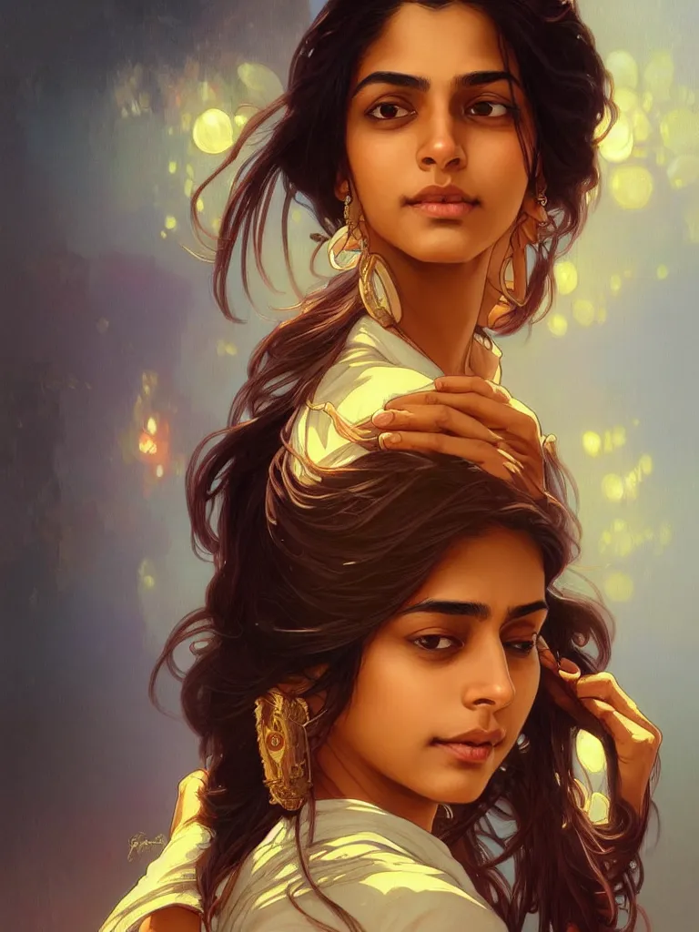 Image similar to Anxious pretty young Indian doctor wearing jeans leaving a plane, portrait, elegant, intricate, digital painting, artstation, concept art, smooth, sharp focus, illustration, art by artgerm and greg rutkowski and alphonse mucha