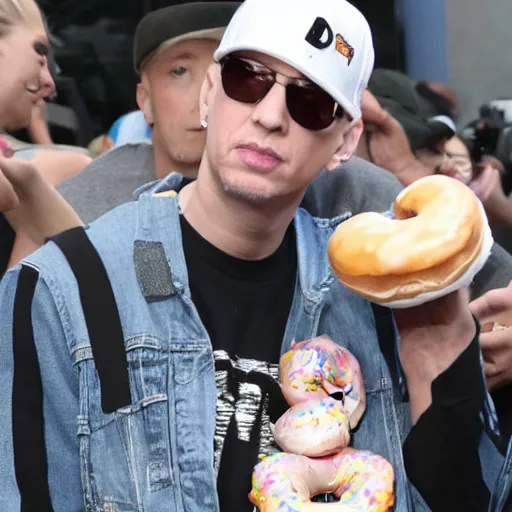 Image similar to Eminem with a donut looking happy