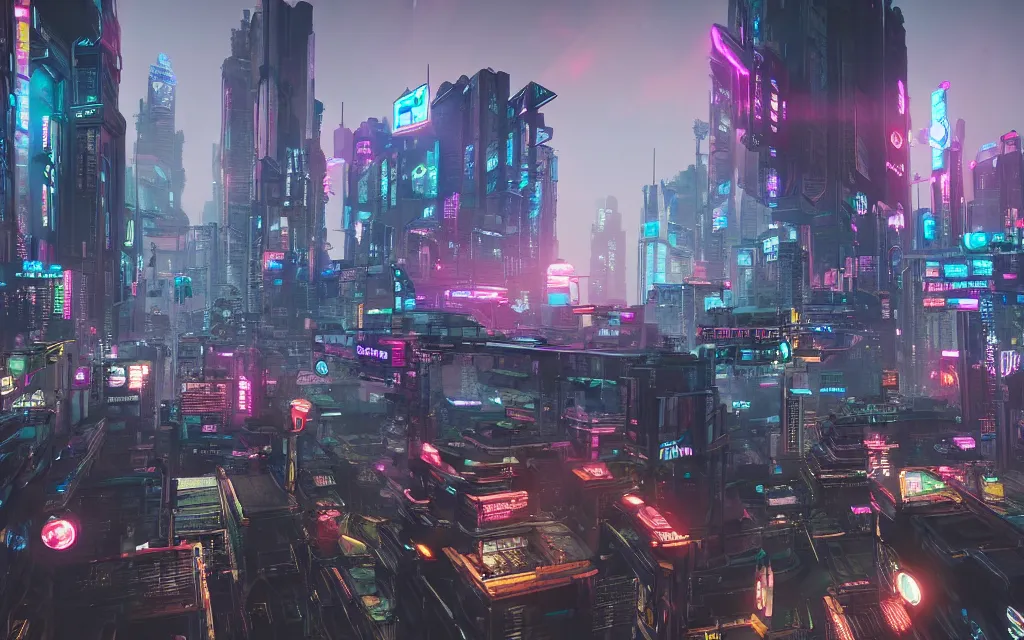 Prompt: highly futuristic cityscapes, cyberpunk aesthetics, intricate detail, neon color scheme, rendered in cryengine