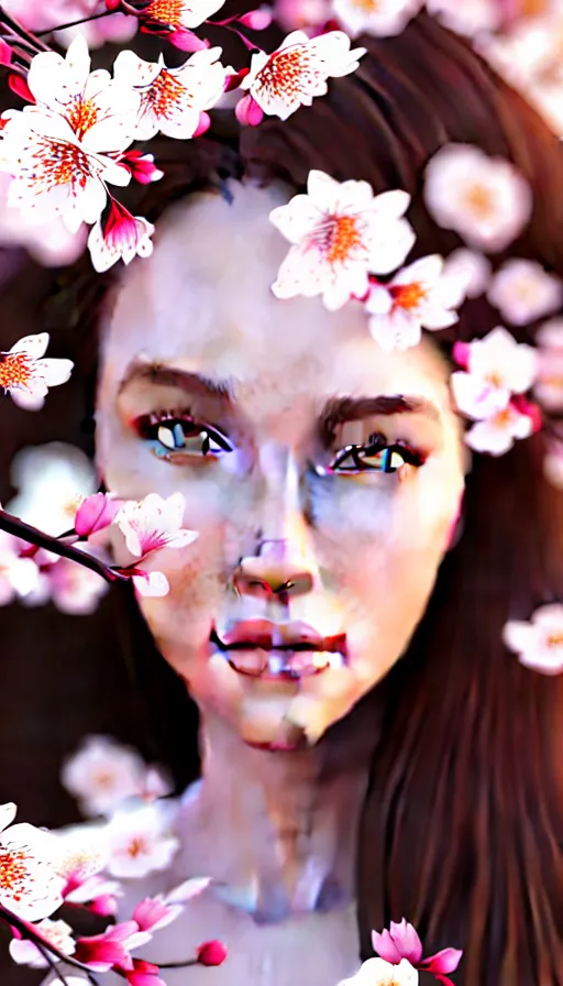 Image similar to photo of a gorgeous young european female in the style of stefan kostic, realistic, half body shot, sharp focus, 8 k high definition, insanely detailed, intricate, elegant, art by stanley lau and artgerm, extreme blur cherry blossoms background