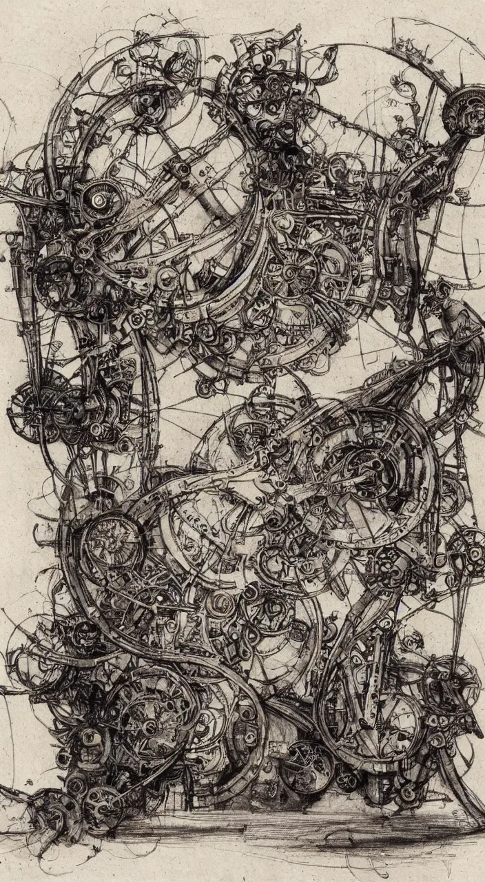 Image similar to Jean-Baptiste Monge and Alex Ross a artwork of leonardo da vinci sketches of steampunk machines