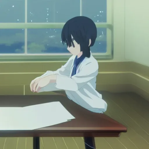 Prompt: A white bunny rabbit sitting at a desk, Makoto Shinkai