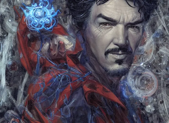 Prompt: a highly detailed dead portrait of stephen strange, james gurney, james jean