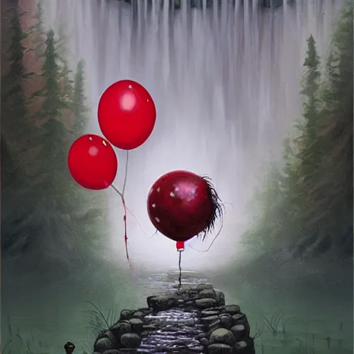 Prompt: grunge painting of a waterfall with a wide smile and a red balloon by simon stålenhag, loony toons style, pennywise style, corpse bride style, creepy lighting, horror theme, detailed, elegant, intricate, conceptual, volumetric light