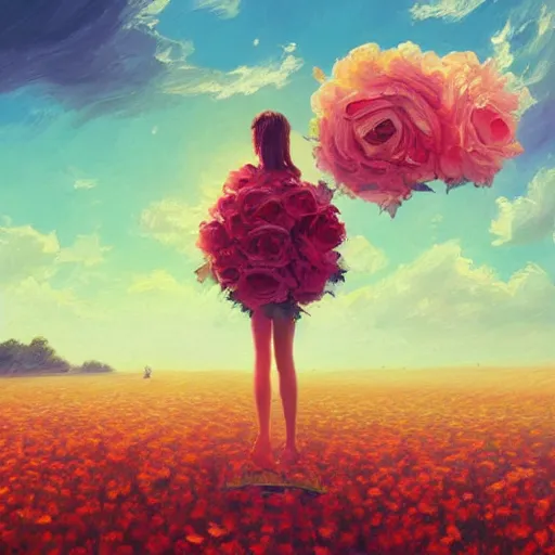 Image similar to rose head, girl floating in a flower field, surreal photography, sunrise dramatic light, impressionist painting, colorful clouds, digital painting, artstation, simon stalenhag