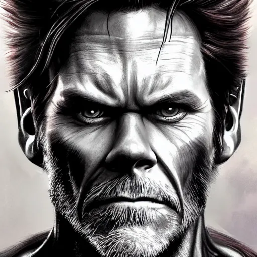 Image similar to Portrait of Kevin Bacon as Wolverine, fantasy, intricate, highly detailed, digital painting, trending on artstation, sharp focus, illustration, style of Stanley Artgerm