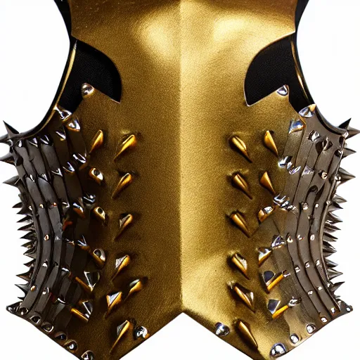 Image similar to female functional practical body armor steel gold medieval draconic spikes shiny realistic photo 4k