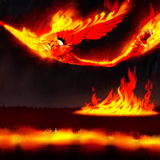 Image similar to in the lower part of the picture is the harp burning in the fire, above are cranes flying in flames, digital painting, concept art