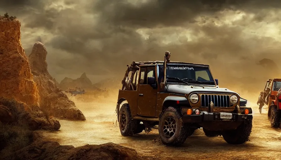 Image similar to Mahindra thar, tribe members attacking, furious action scene, Chase, an epic fantasy, dramatic lighting, cinematic, establishing shot, extremely high detail, photorealistic, cinematic lighting, artstation, by christopher nolan, horizon forbidden west