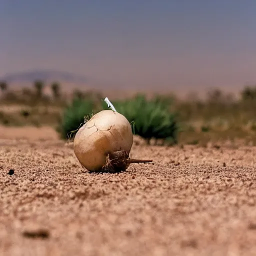 Image similar to a turnip smoking a cigarette whilst walking lonely in the heat of the desert, stunning photography 4 k