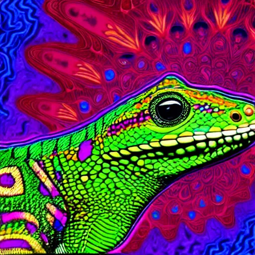 Prompt: psychedelic, photorealistic, colorful lizard in a maximalist style on a background that fades to black