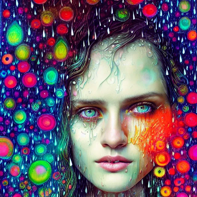 Prompt: bright portrait surrounded by psychedelic with rain on face and wet hair, smiling, diffuse lighting, fantasy, intricate, elegant, highly detailed, lifelike, photorealistic, digital painting, artstation, illustration, concept art, smooth, sharp focus, art by John Collier and Albert Aublet and Krenz Cushart and Artem Demura and Alphonse Mucha