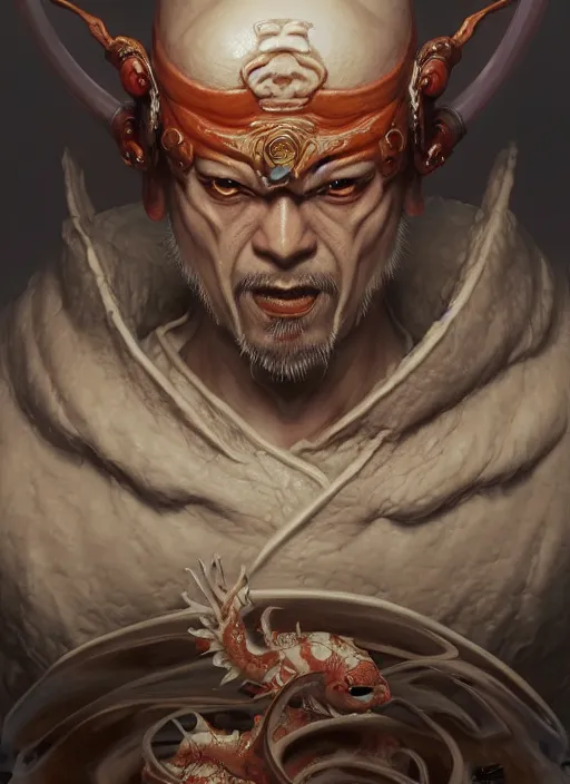 Image similar to subsurface scattering, white, koi, samurai deity with four arms, by jesper ejsing, justin gerard, tomasz alen kopera, cgsociety and fenghua zhong, highly detailed, rim light, cinematic lighting, illustration, art, octane render, very coherent, cinematic, hyper realism, high detail, octane render, 8 k