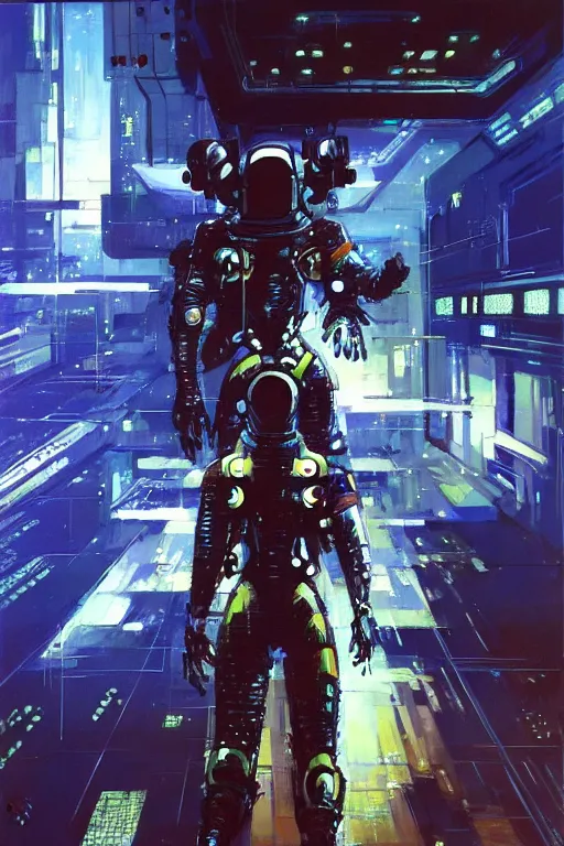 Image similar to a futuristic cybernatic astronaut, led lights, painting by greg ruthowski, alphonse murac, yoji shinkawa, john berkey, wlop, craig mullins, collaborative artwork, exquisitely high quality and detailed