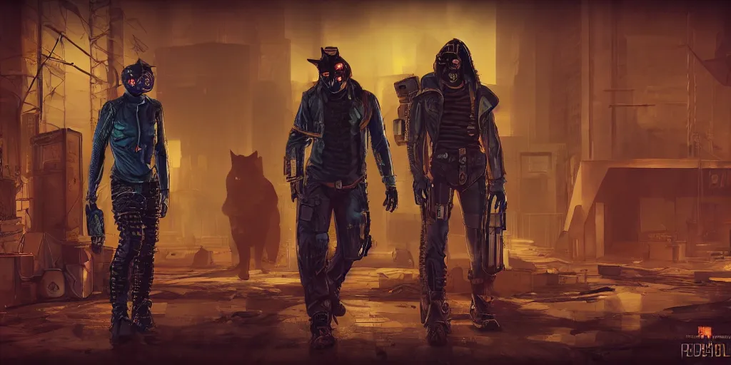 Prompt: cyberpunk cat gang posing, fallout 5, studio lighting, deep colors, apocalyptic setting, sneak