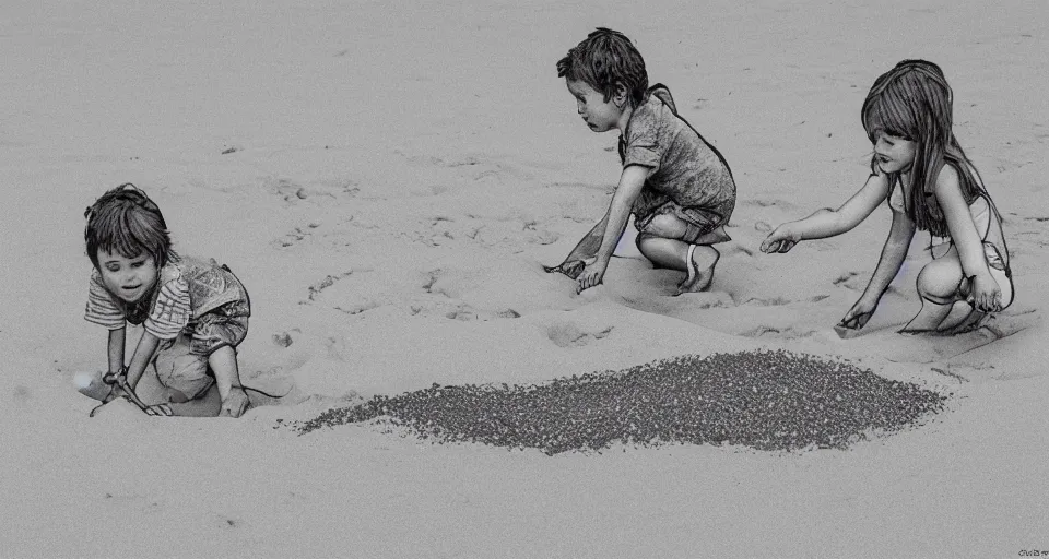 Image similar to little boy and girl play in sand in beach , Line art, b&w, high quality, how to draw, trending on artstation